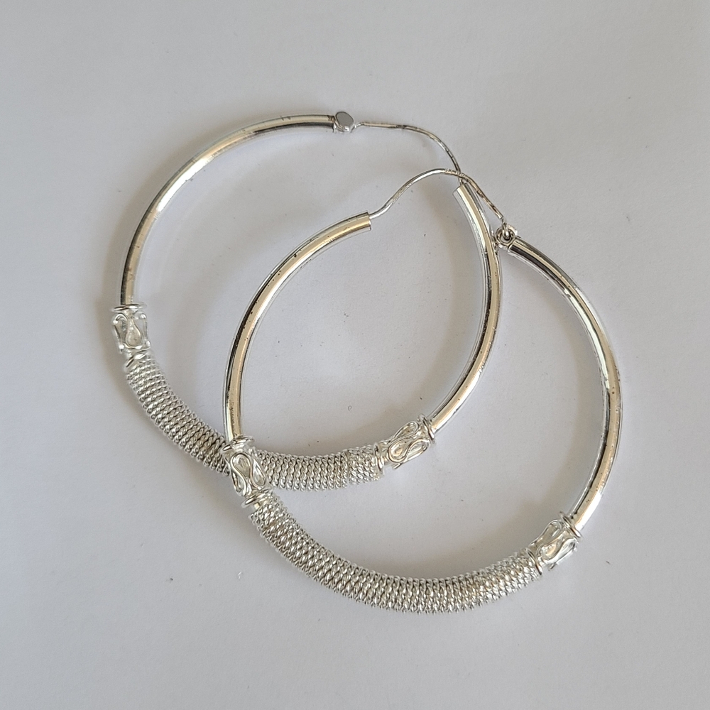 Vintage Luxury Sterling Silver Large Intricate Textured Hoop Earrings